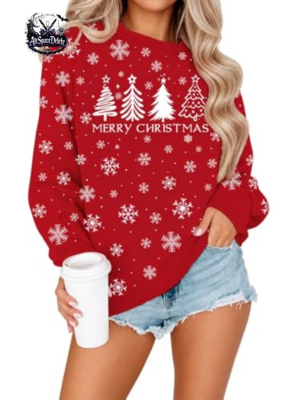 Snowflake Christmas Tree Crewneck Sweatshirt Soft Polyester Blend Regular Fit